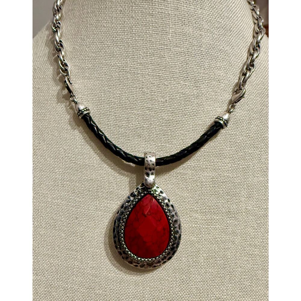 Vintage Silver Tone Faux Stone Pendant Necklace Black Braided Cord 19”